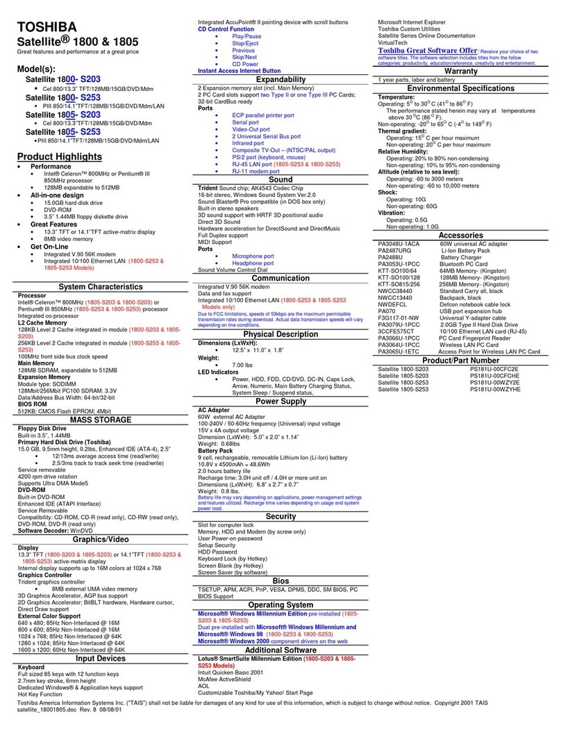 Toshiba Satellite 1800-S203 Specifications