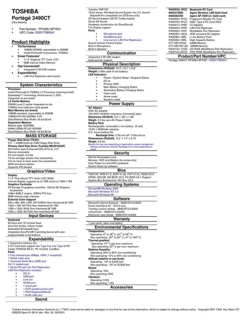 Toshiba 3490CT - Portege - PIII 700 MHz User manual