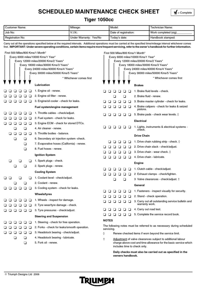 Triumph Tiger 1050cc Maintenance check sheet