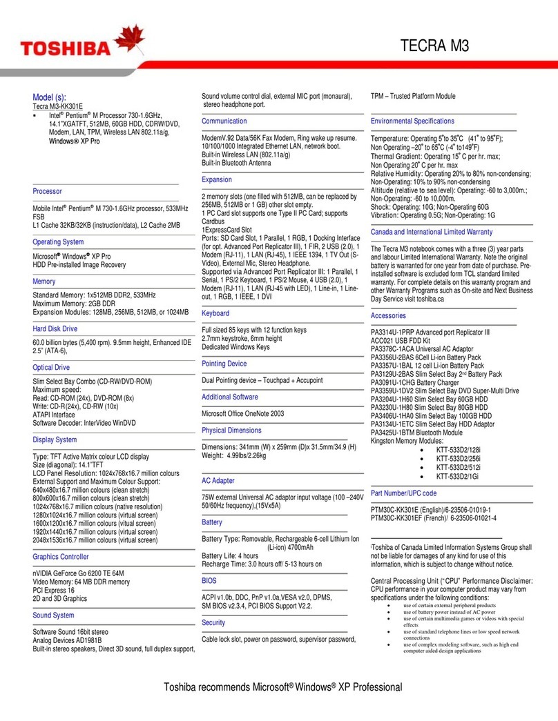 Toshiba TECRA M3-KK301E Specifications