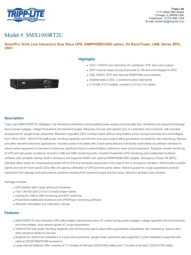 Tripp Lite SmartPro Rackmount SMX1000RT2U Features and specifications