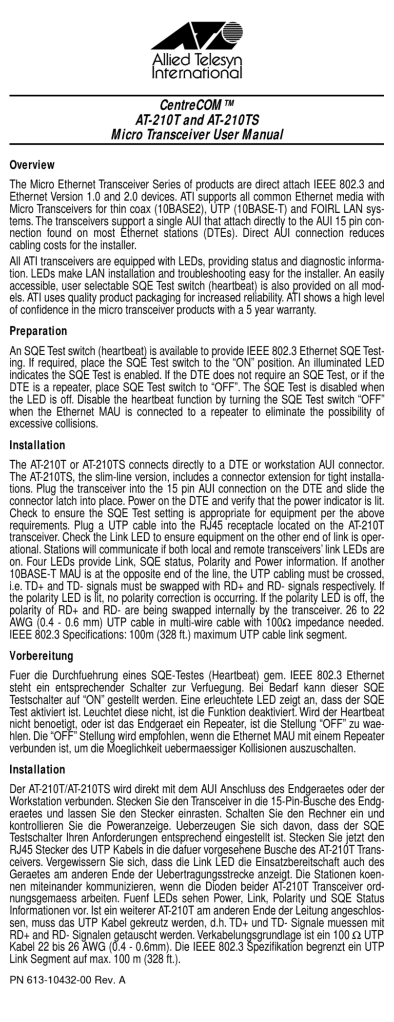 Allied Telesis CentreCOM AT-210T User manual