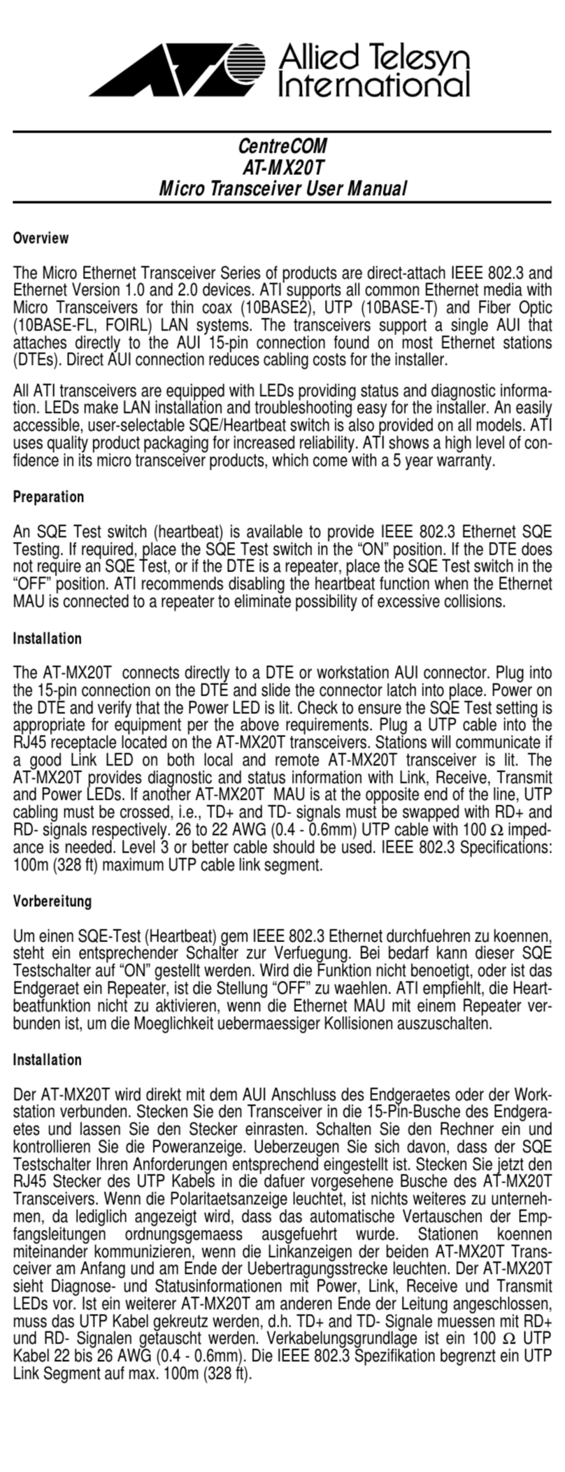 Allied Telesis CentreCOM AT-MX20T User manual