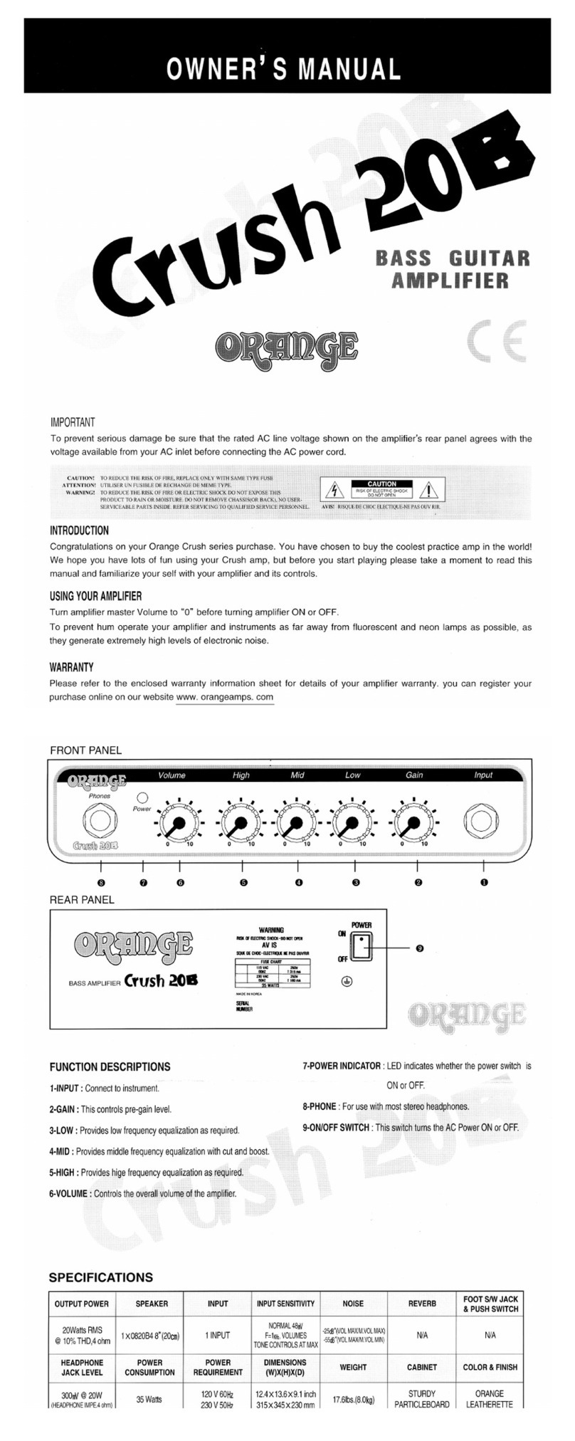 ORANGE Crush 20B owner's manual