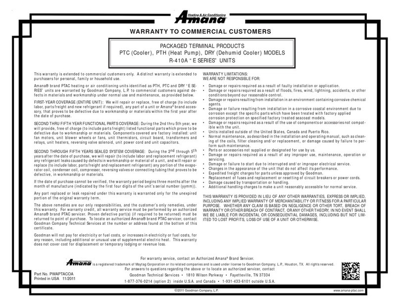 Amana PTC MODELS Use and maintenance manual