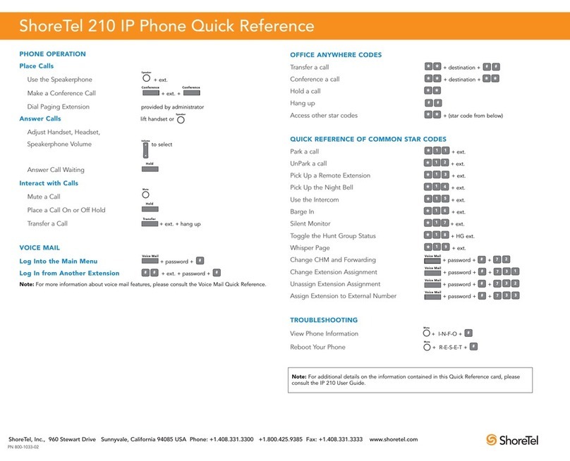 SHORE TEL 210 quick reference