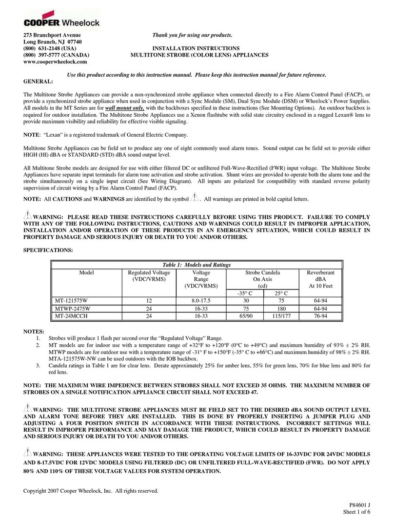 Cooper Wheelock MT-121575W installation instructions