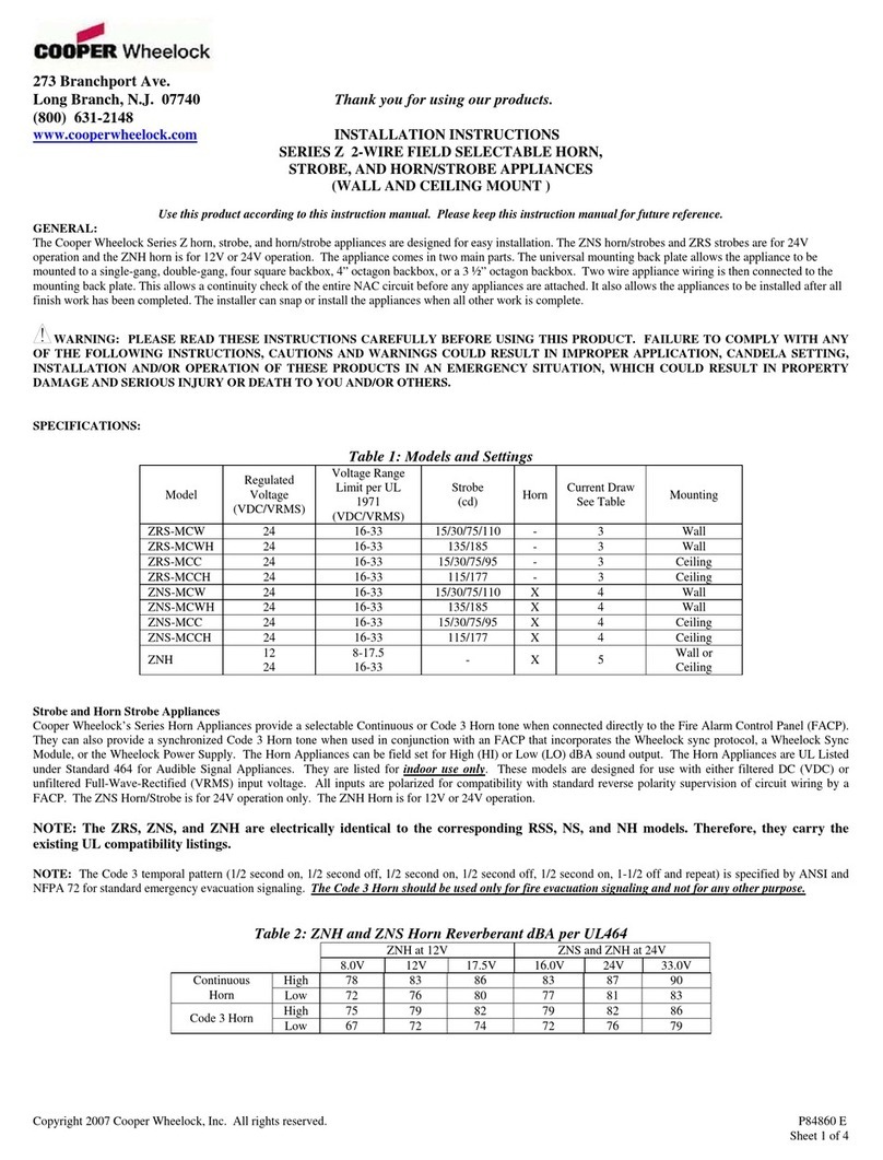 Cooper Wheelock ZNH installation instructions Cooper Wheelock ZNH installation instructions