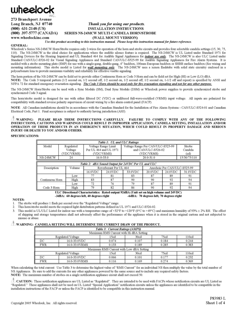 Wheelock SERIES NS-24MCW installation instructions Wheelock SERIES NS-24MCW installation instructions