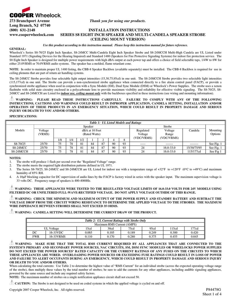 Cooper Wheelock S8-70/25 installation instructions