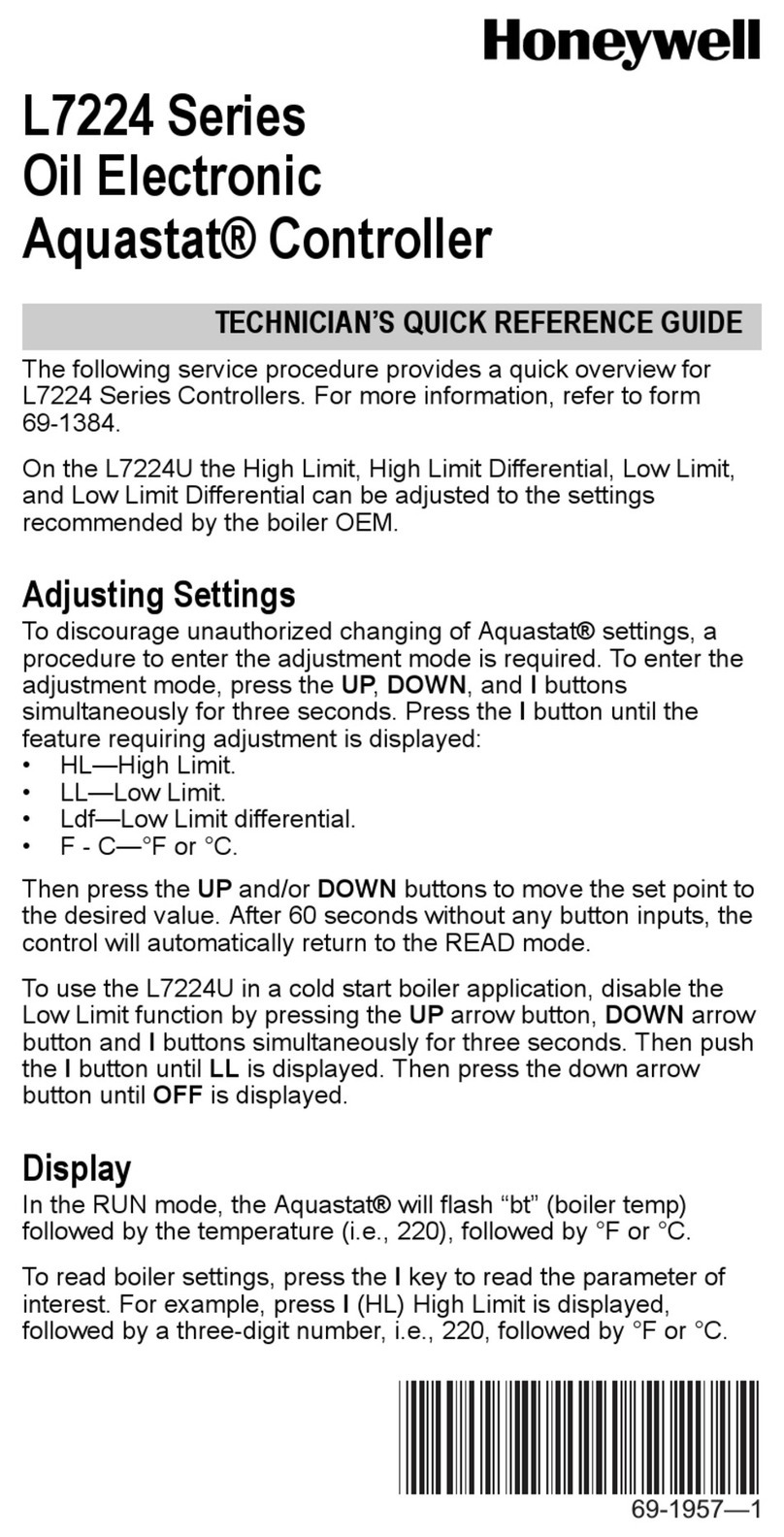 Honeywell AQUASTATIC L7224 Series User manual