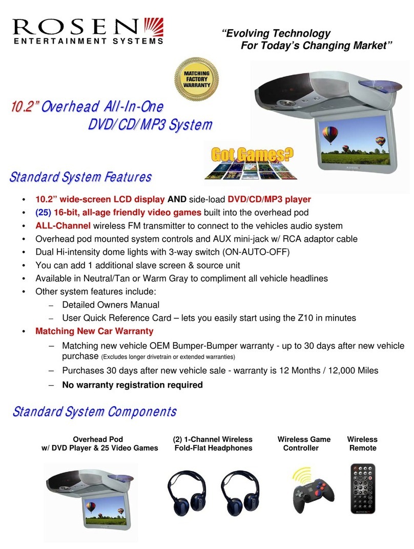 Rosen 10.2” Overhead All-In-One DVD/CD/MP3 System Specifications
