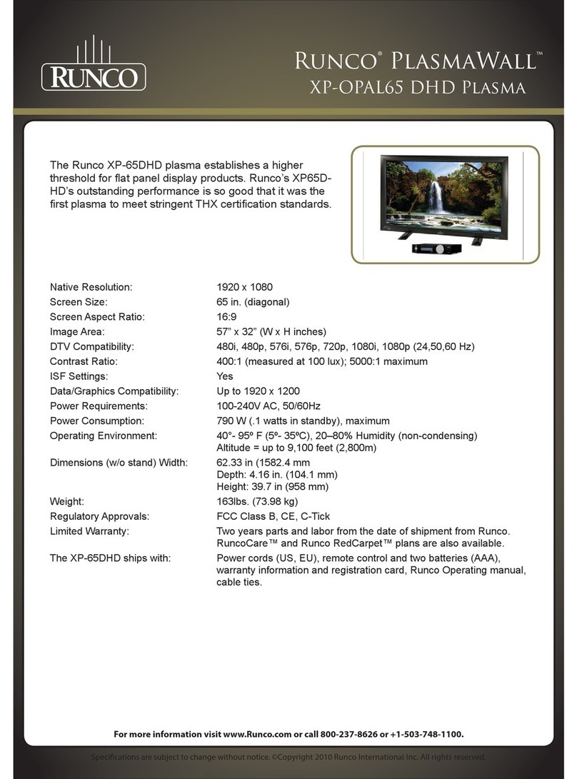 Runco PlasmaWall XP-OPAL65 DHD User manual