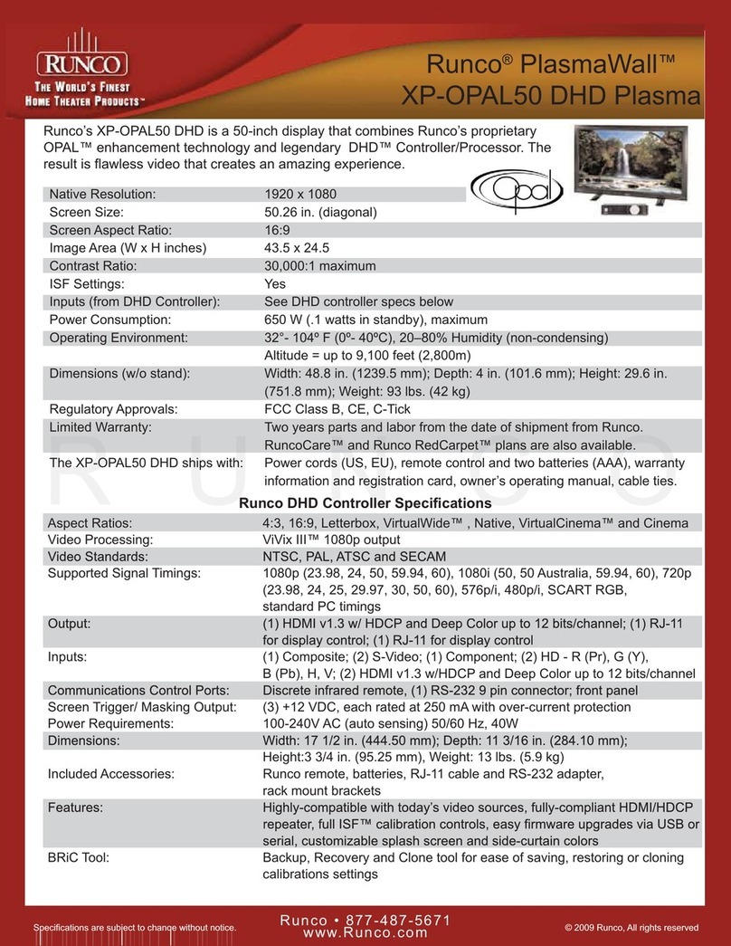 Runco PlasmaWall XP-OPAL50 DHD User manual