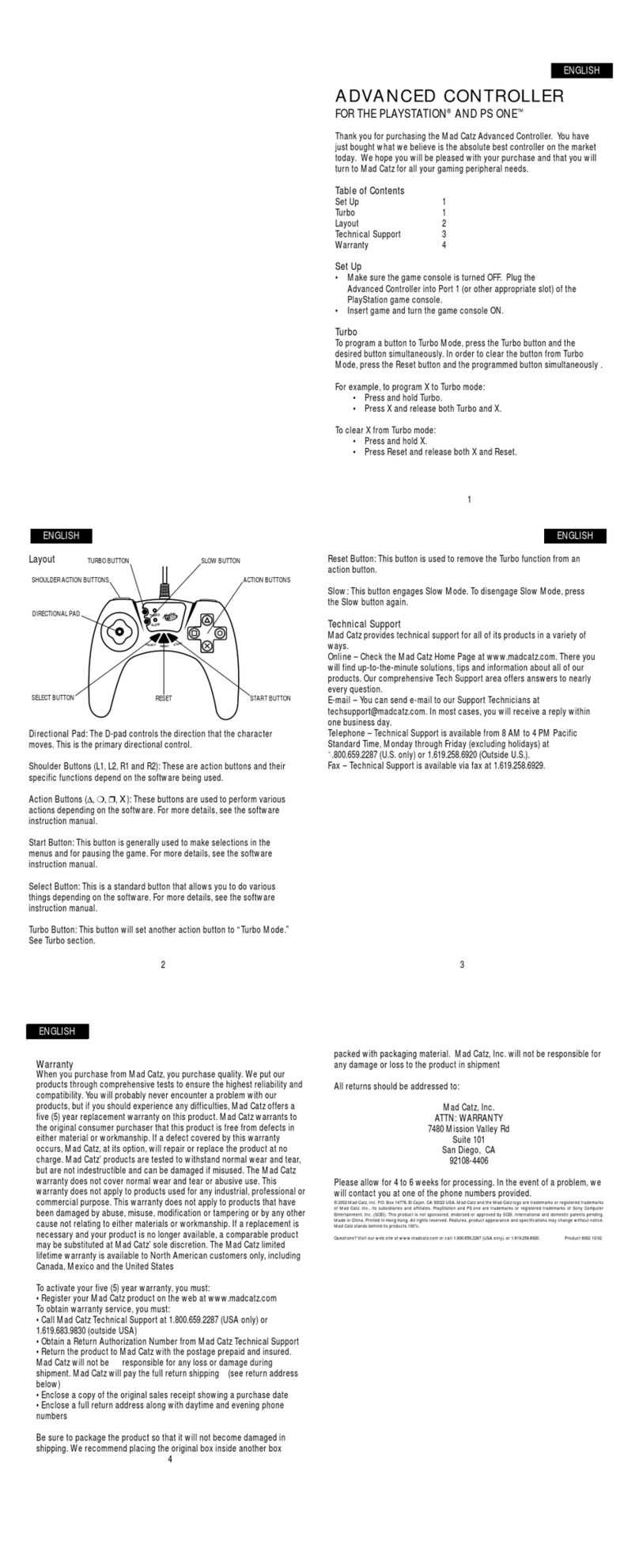 Mad Catz ADVANCED CONTROLLER user manual