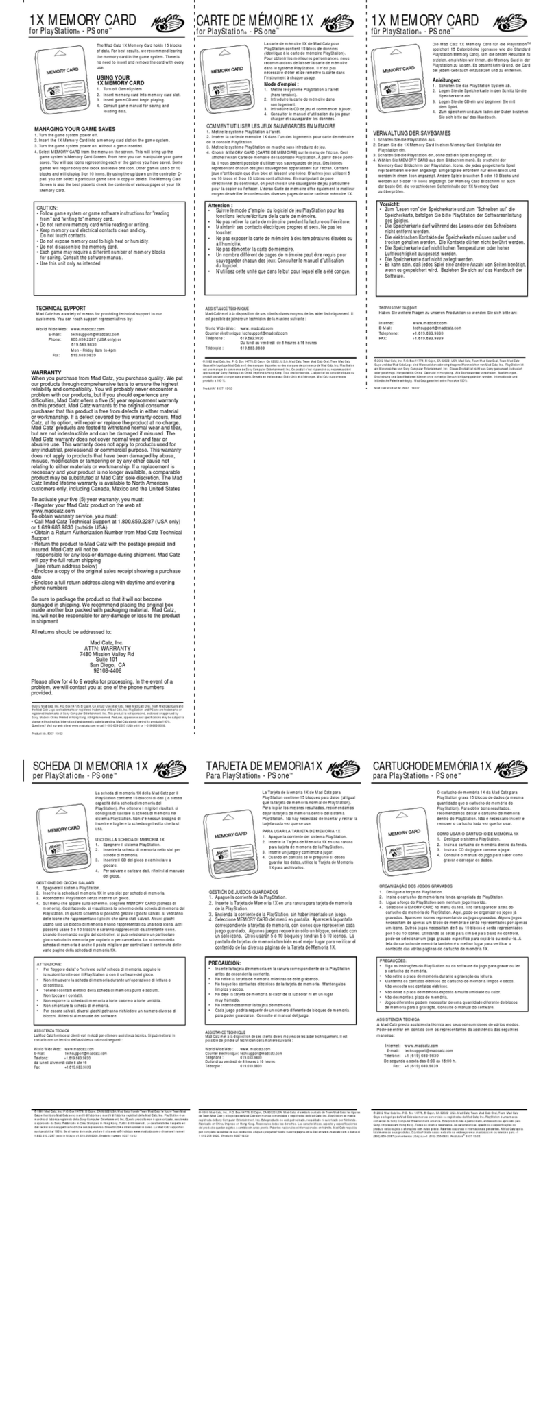Mad Catz 1X MEMORY CARD User manual