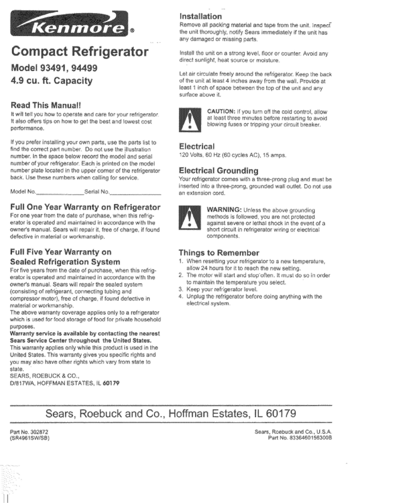 Kenmore 93491 User manual
