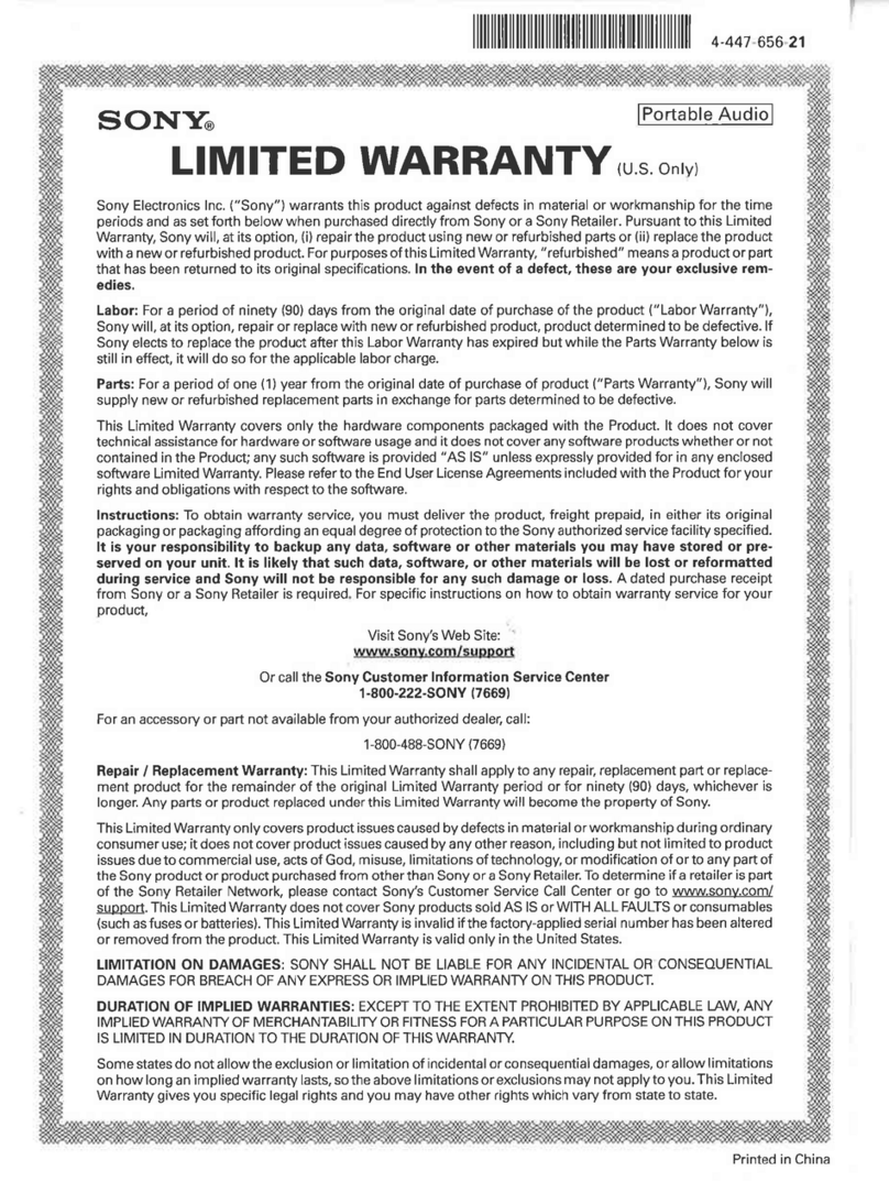 Sony MDR-X05 Limited warranty