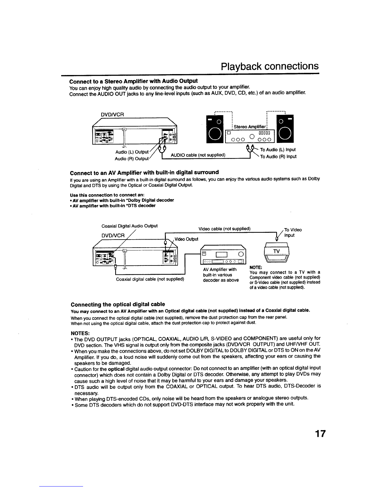  !1
',_,( eITOpS_ 1_--- TOAudio (R) Input
S-Video Ou
S-VIDEO/COMPONENT Audio(L) Output I \ To Audio (L) Input
Videoselectorswitch Audio(R) Output, AUDIO cable (notsupplied)
Connect to a TV with Component Video Output (for DVDICD playback)
Youcan enjoyhighqualitypicturebyconnecl:ingthe unit'sCOMPONENT VIDEO OUT jacksto the
COMPONENT VIDEO IN jacksof your TV withthe COMPONENT videocables(not supplied).
TV
DVDNCR
COMPONENT VIDEOcable(not supplied) _._ ToComponent VideoInputTo Component
Video Output
NOTES:
• When you connect to aTV with S-video jack or component jacks, set the S-VIDEO/COMPONENT Video
selector switch to the desired position. And also you must select the corresponding video input on your TV.
• When connecting to a TV using the VIDEO or S-VIDEO jack, make sure that the PROGRESSIVE indicator
on the display window is not lit. If it is lit, the VIDEO and S-VIDEO outputs do not feed the correct
signals and you cannot see any picture. To turn off the PROGRESSIVE indicator, make the Progressive
scanning mode inactive (see page 52).
• When the component video input jacks on a TV is of the BNC type, use an adapter to convert a pin jack
to a BNC jack (not supplied).
16
![