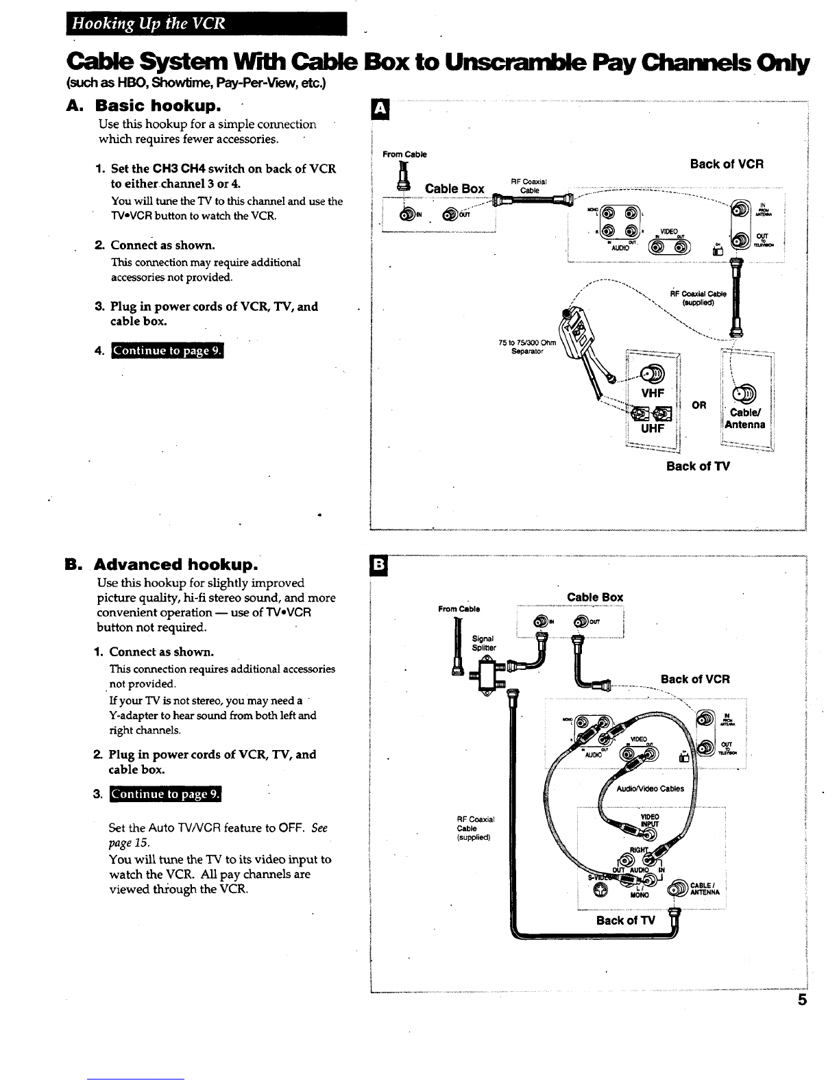_l (ol odX_j_ii
You will tune the TV to its vid.eo input to
watch the VCR.
Set the Auto "I'V/VCR feature to OFF. See
page I5.
Caution: The unauthorized recording of
satellite broadcasts, television programs, or
other materials may infringe the fights of others.
Cable Box
From Cable : .................................................................
___;__..._,,,_o_
RF Coaxial
Back of VCR Cable
RF Coaxial Cable
(supplied)
OUT AUDIO IN ./_
,_'CABLE /
MONO _ANTENNA
Back of TV
![