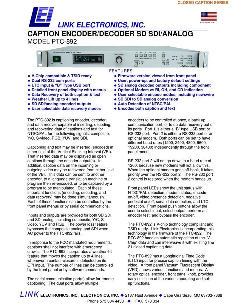 Link electronics Caption Encoder/Decoder SD SDI/Analog... Specifications Link electronics Caption Encoder/Decoder SD SDI/Analog... Specifications