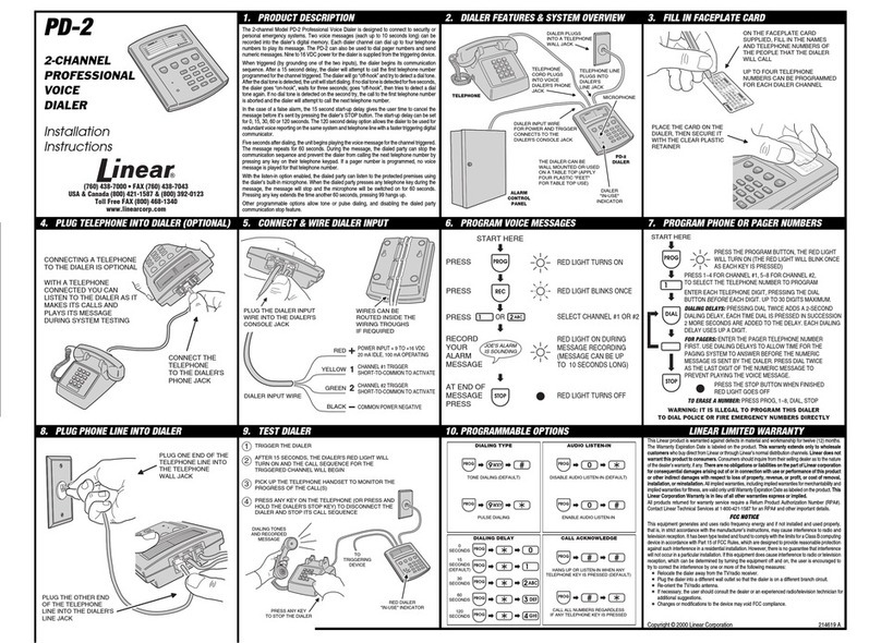 Linear 2-CHANNEL PROFESSIONAL VOICE DIALER PD-2 installation instructions