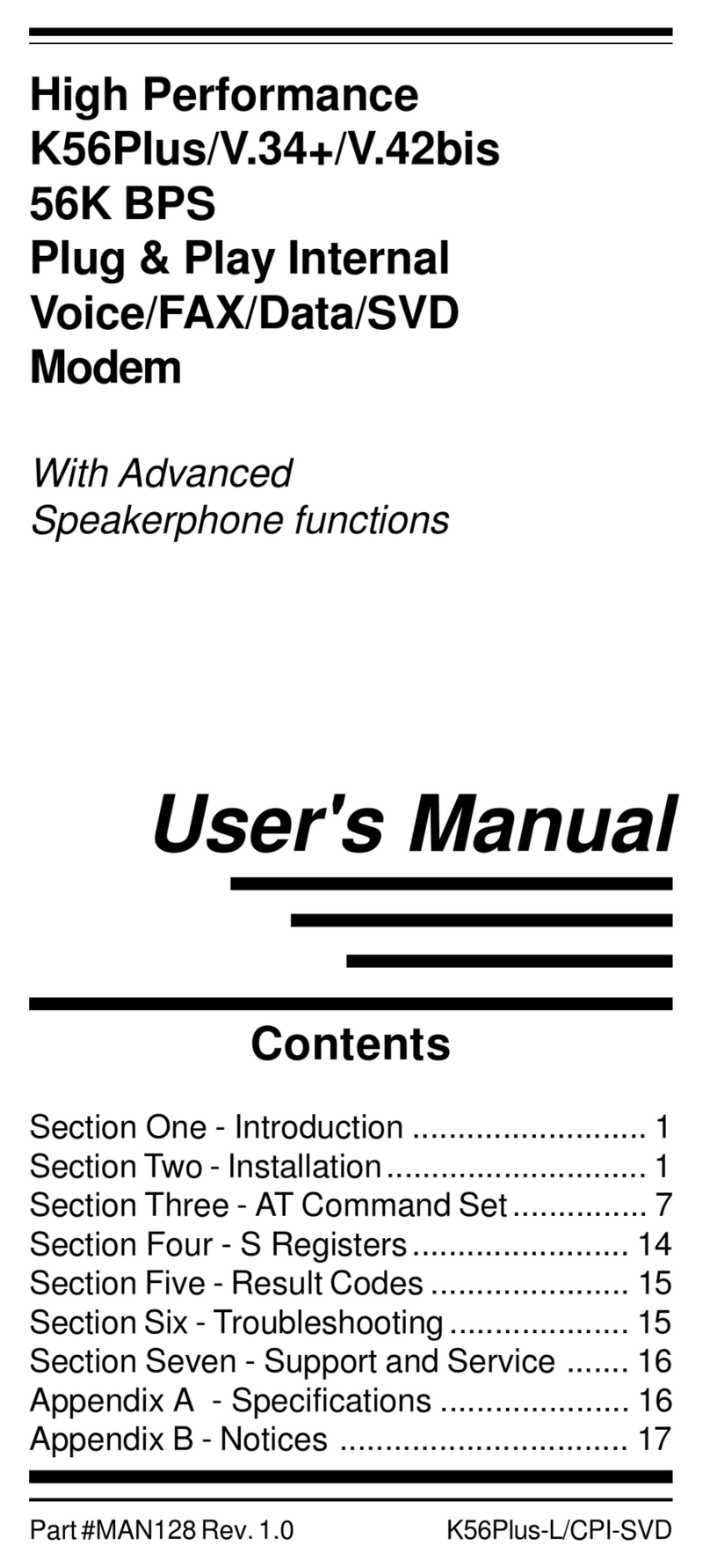 MaxTech Plug & Play Internal Voice/FAX/Data/SVD... user manual