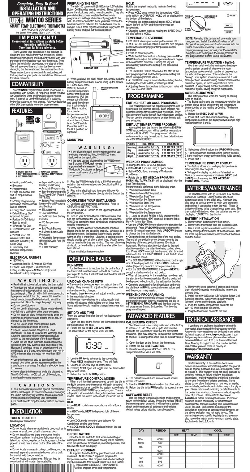 Lux Products WIN100 Series Installation and operating instructions