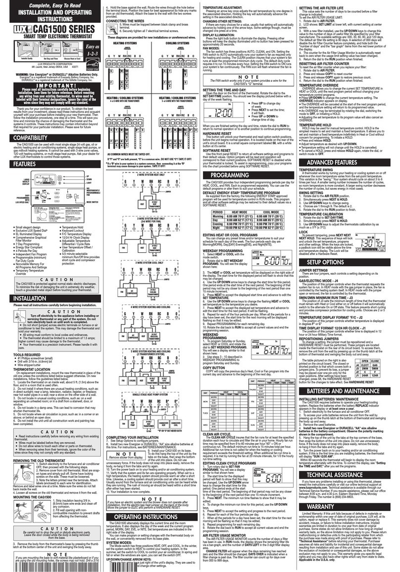 Lux Products SMART TEMP CAG1500 SERIES Installation and operating instructions