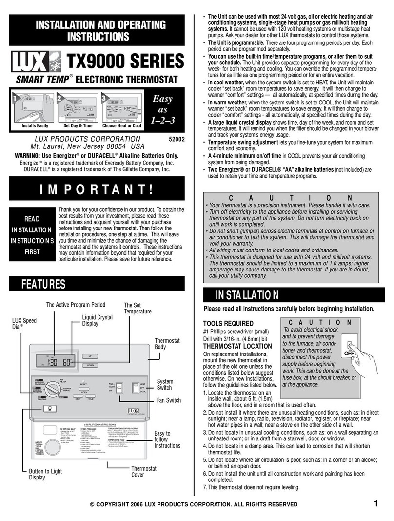 Lux Products SMART TEMP TX9000 SERIES Installation and operating instructions