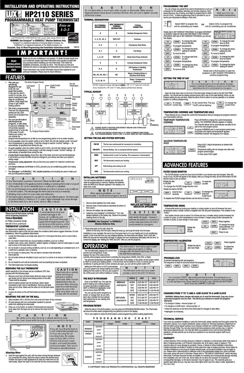 Lux Products hp2110 Series Installation and operating instructions Lux Products hp2110 Series Installation and operating instructions