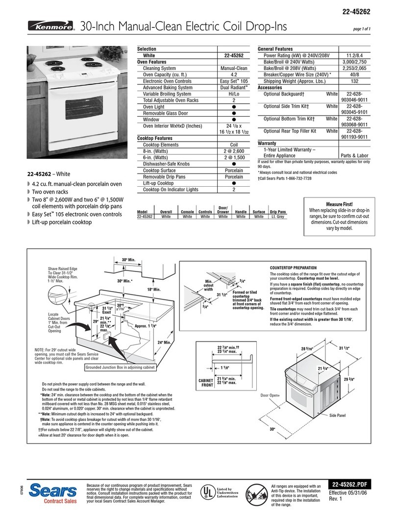 Kenmore 22-45262 Specifications Kenmore 22-45262 Specifications