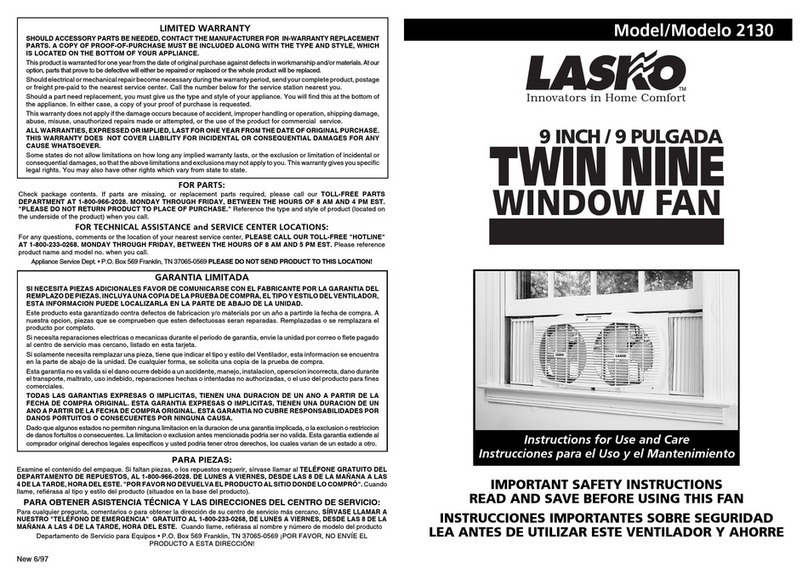 Lasko 2130 Instructions for use and care
