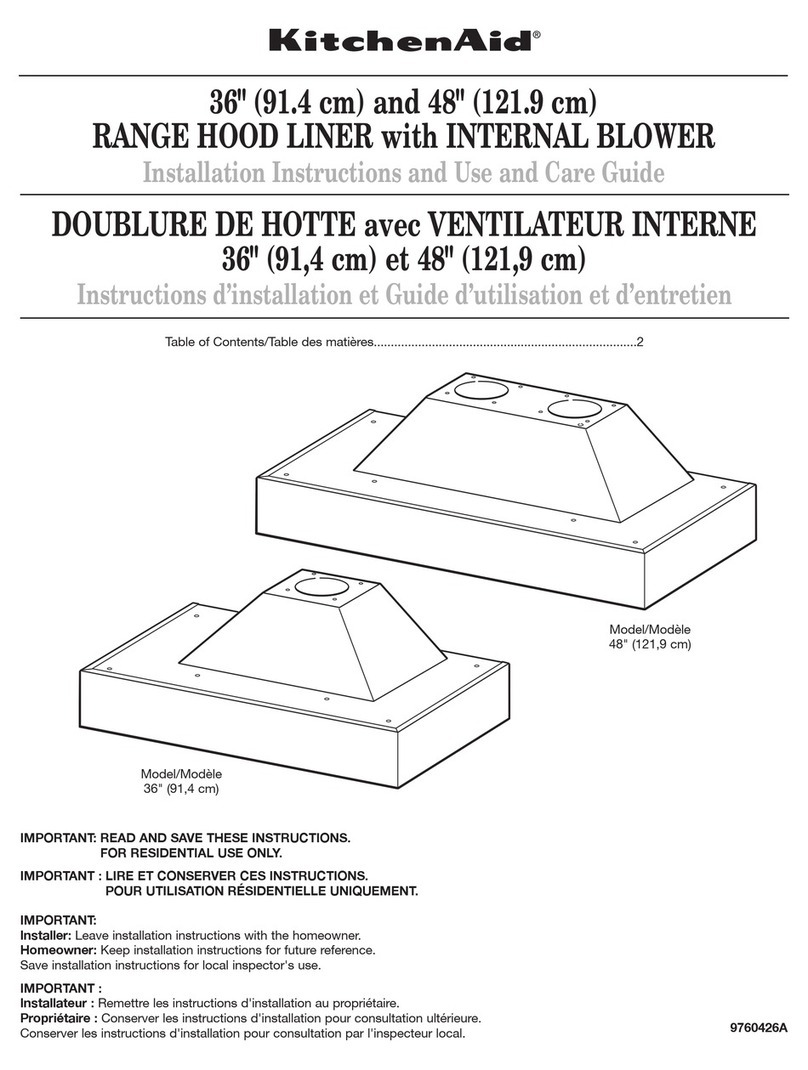 KitchenAid RANGE HOOD LINER with INTERNAL BLOWER Operating and maintenance manual
