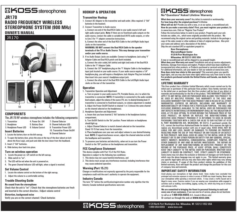Koss JR170 owner's manual