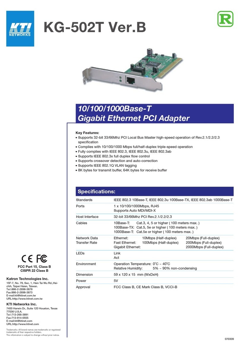 KTI Networks Gigabit Ethernet PCI Adapter KG-502T Specifications
