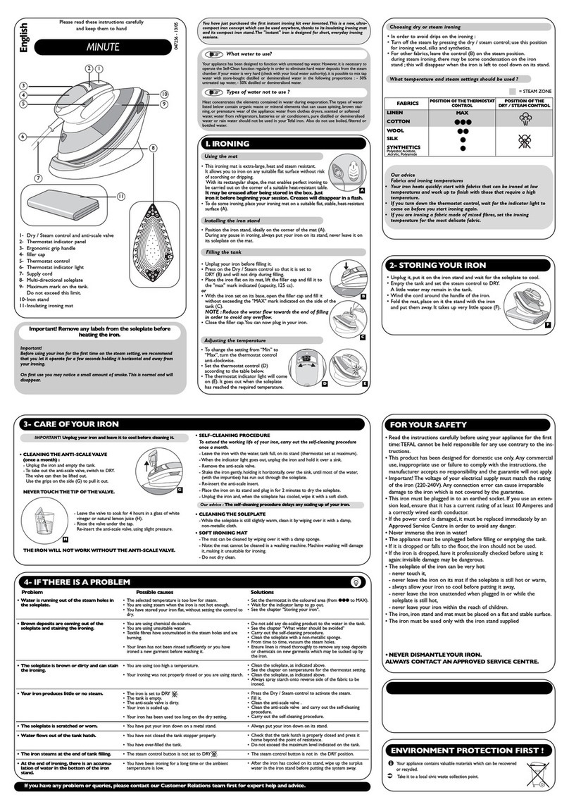 TEFAL MINUTE STEAM GENERATOR Quick guide