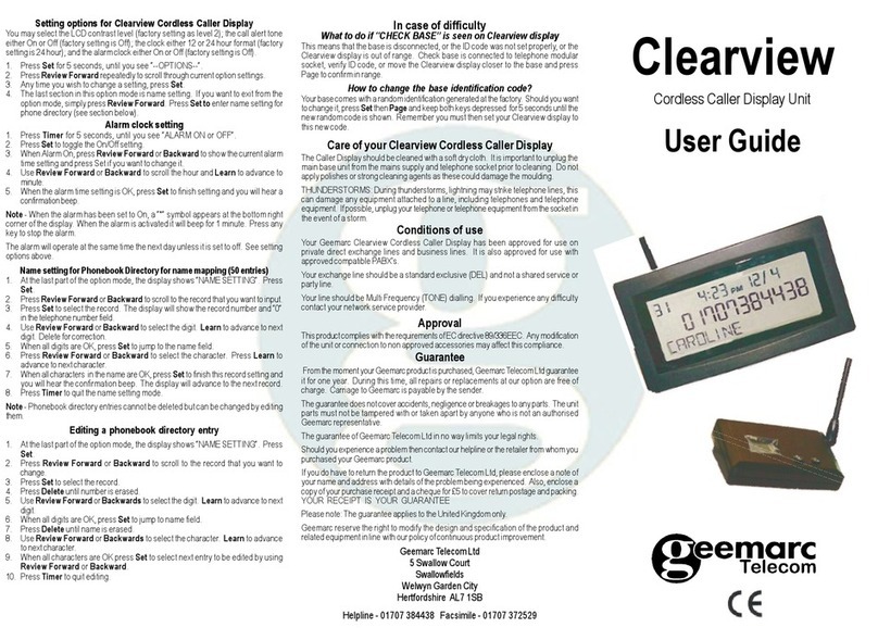 Geemarc Clearview Cordless Caller Display Unit user guide