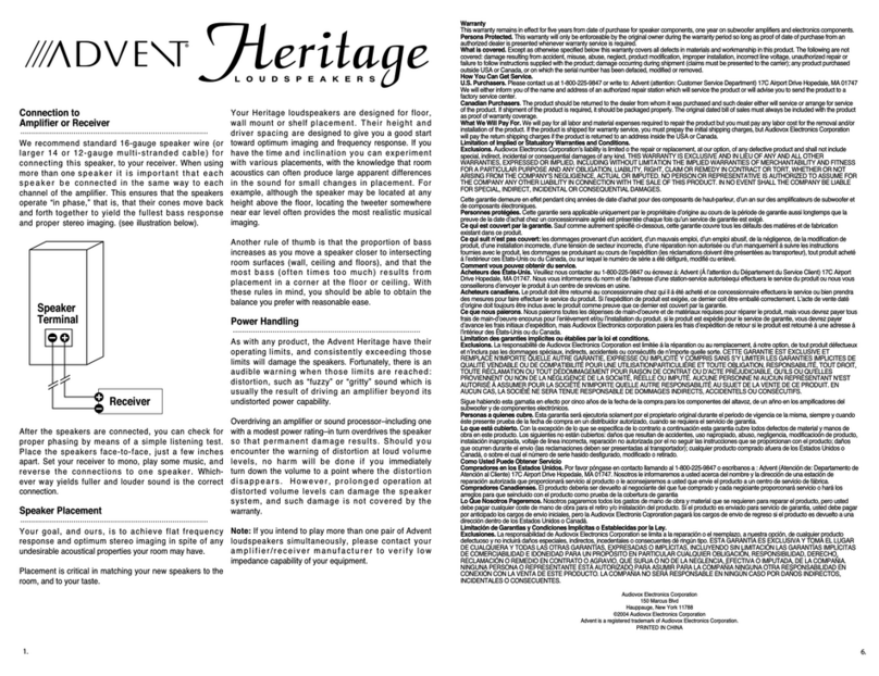 Heritage Advent Loudspeaker Specification sheet