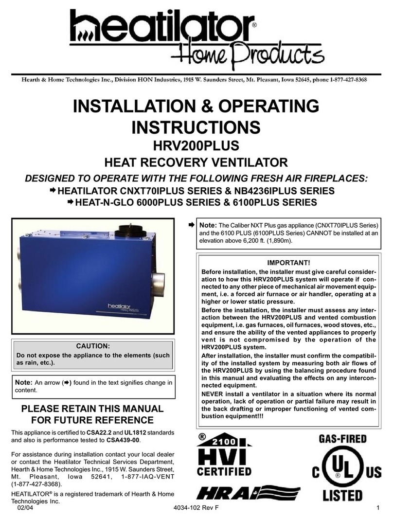Hearth and Home Technologies Heat Recovery Ventilator HRV200PLUS Installation and operating instructions