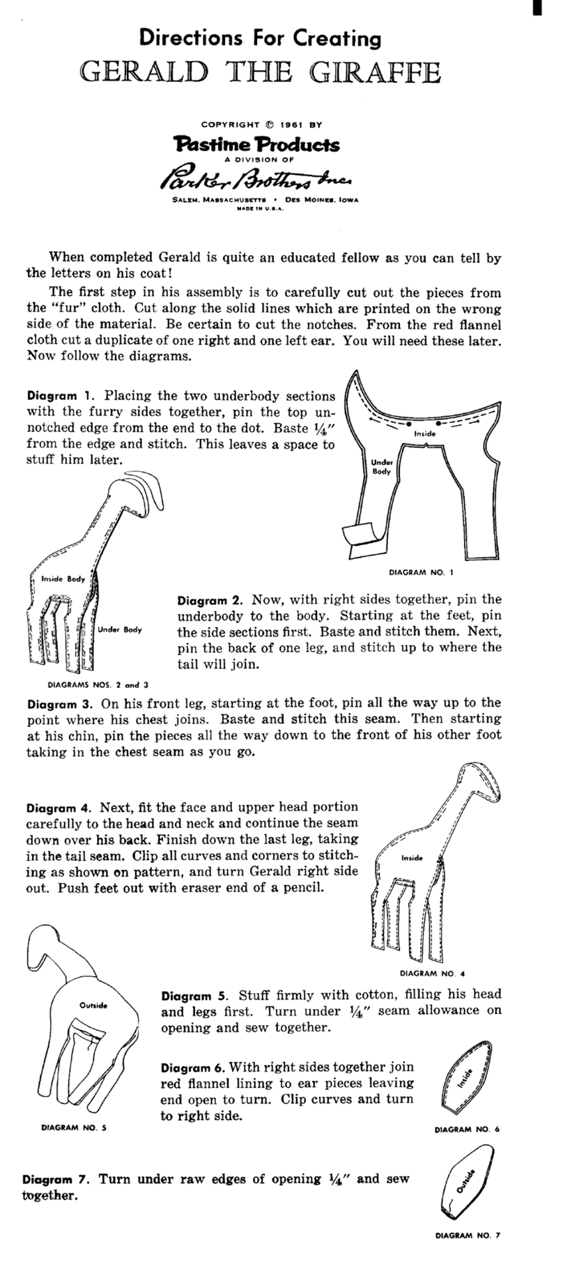 Pastime Products Gerald the Giraffe Directions