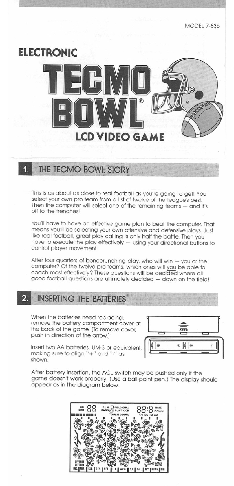 Tiger Electronic Toys Electronic Tecmo Bowl LCD Video Game 7-836 instruction manual Tiger Electronic Toys Electronic Tecmo Bowl LCD Video Game 7-836 instruction manual