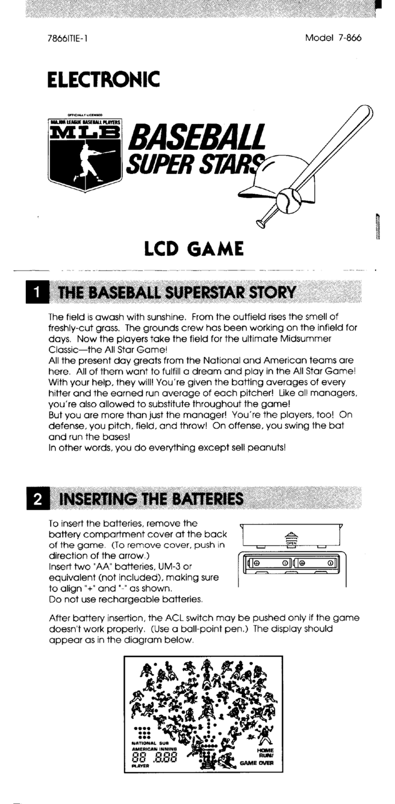 Tiger Electronic Toys Electronic Baseball Super Stars LCD Game... User manual Tiger Electronic Toys Electronic Baseball Super Stars LCD Game... User manual