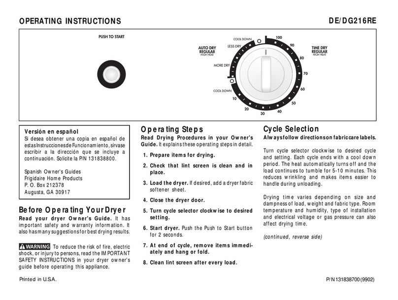 Frigidaire DE/DG216PE operating instructions