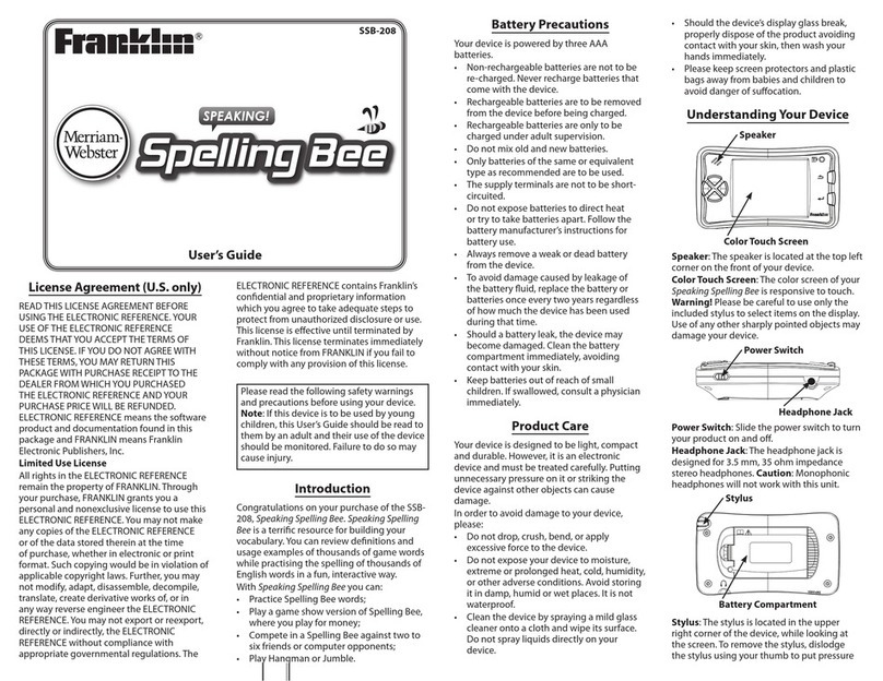 Franklin Speaking SPELLING BEE SSB-208 user guide