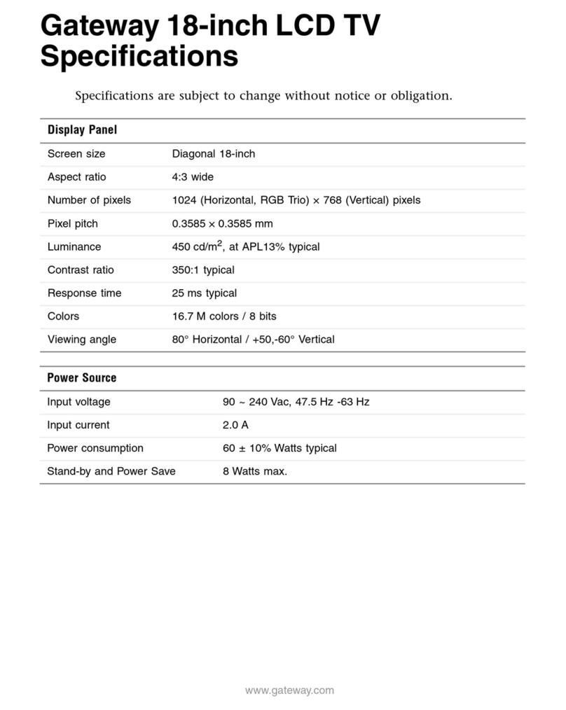 Gateway 18-inch LCD TV Specifications