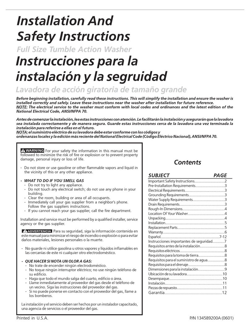Electrolux Full Size Tumble Action Washer Installation and safety instructions