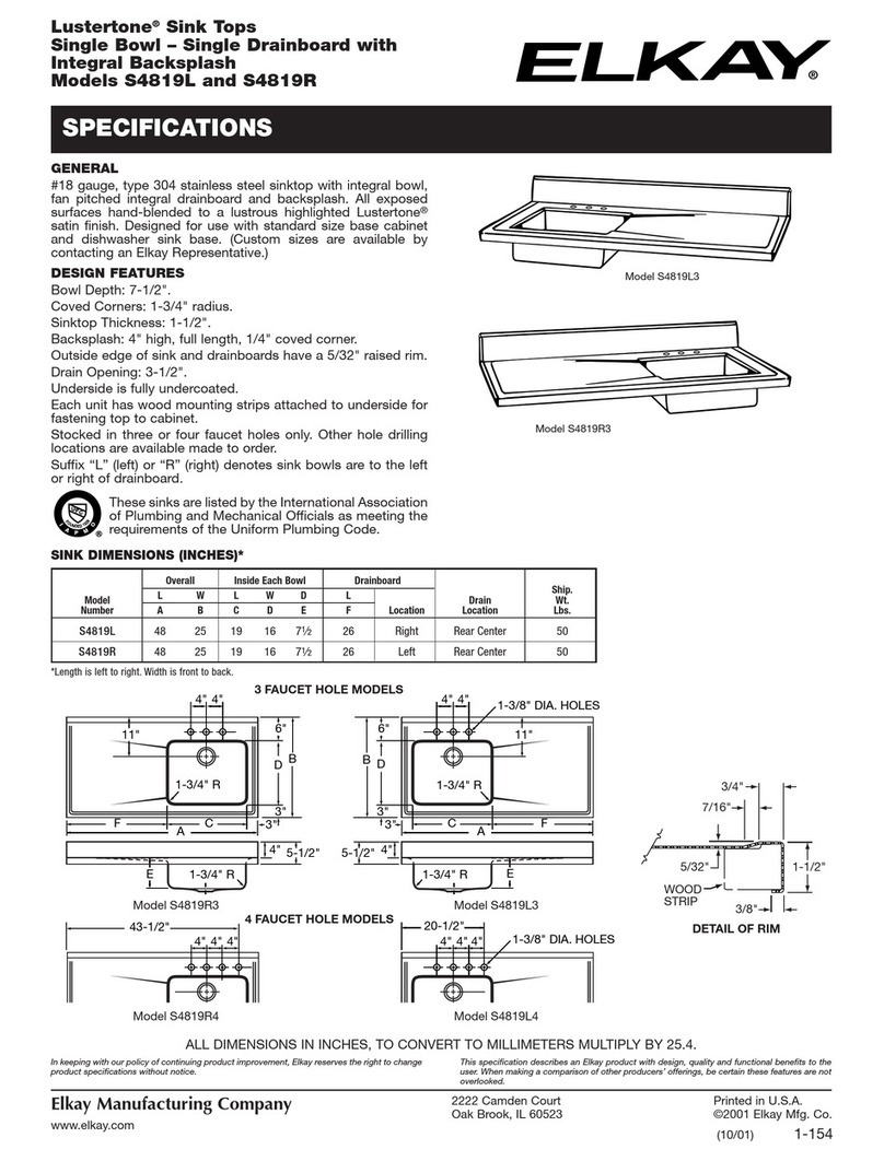 Elkay Lustertone S4819L Specifications Elkay Lustertone S4819L Specifications