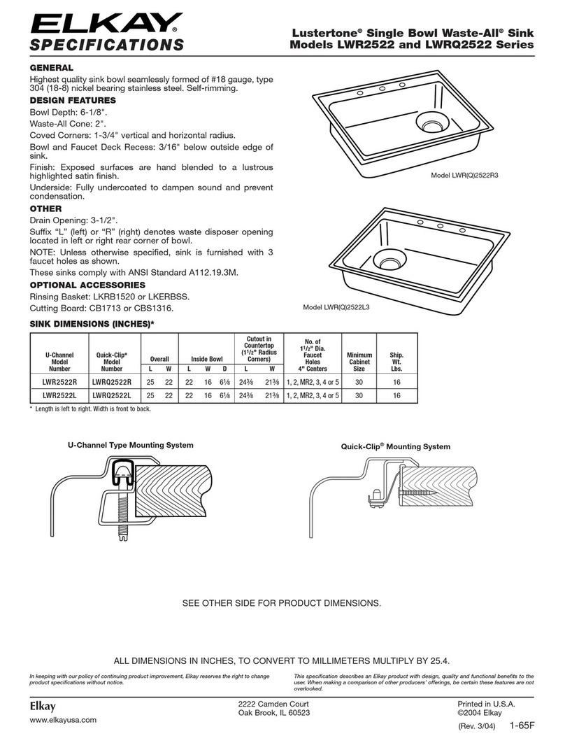 Elkay Lustertone LWR2522L Specifications Elkay Lustertone LWR2522L Specifications