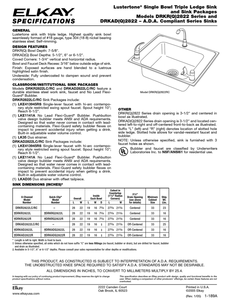 Elkay Lustertone DRKAD2822L User manual